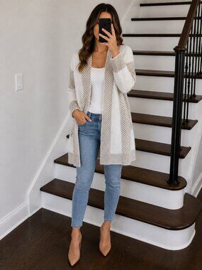 Beige & White Striped Fuzzy Cardigan